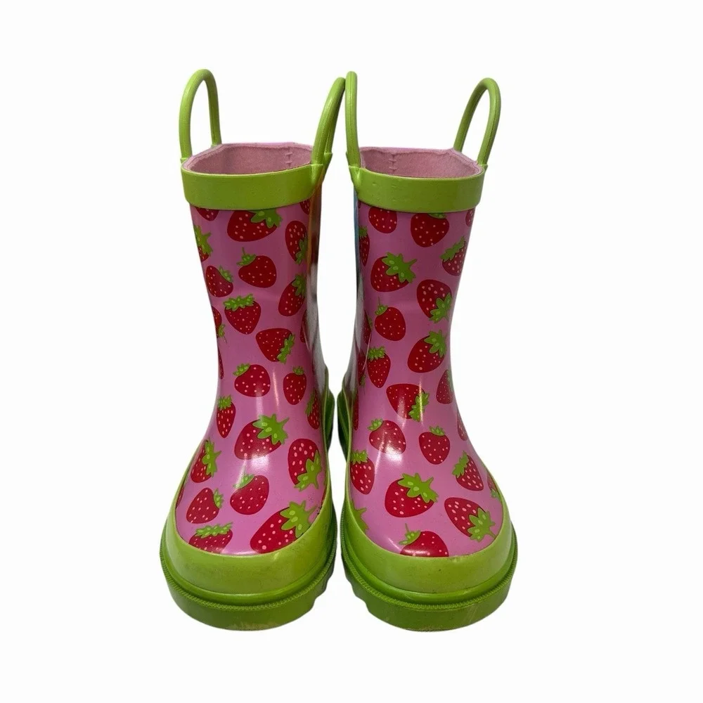 Blue Mountain Kids Strawberry Print Pink Lime Green Rubber Rain Boots BM230 13/1